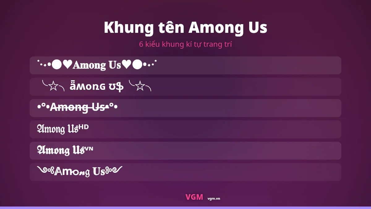 6 khung kí tự trang trí ghép quanh tên Among Us