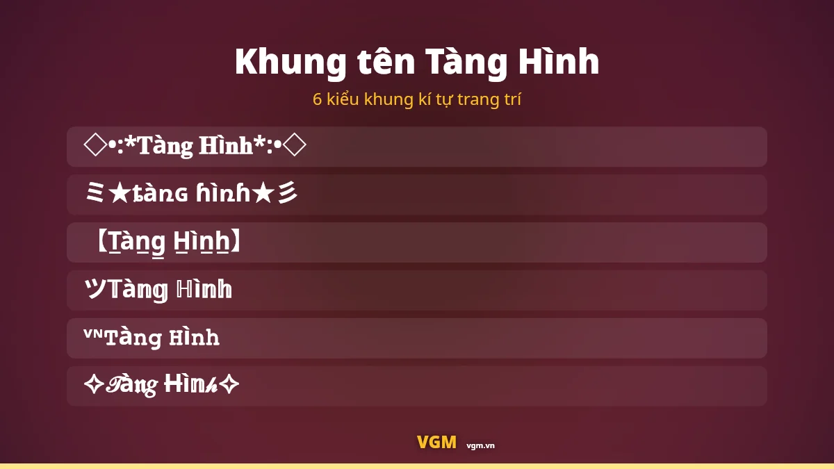 6 khung kí tự trang trí ghép quanh tên Tàng Hình