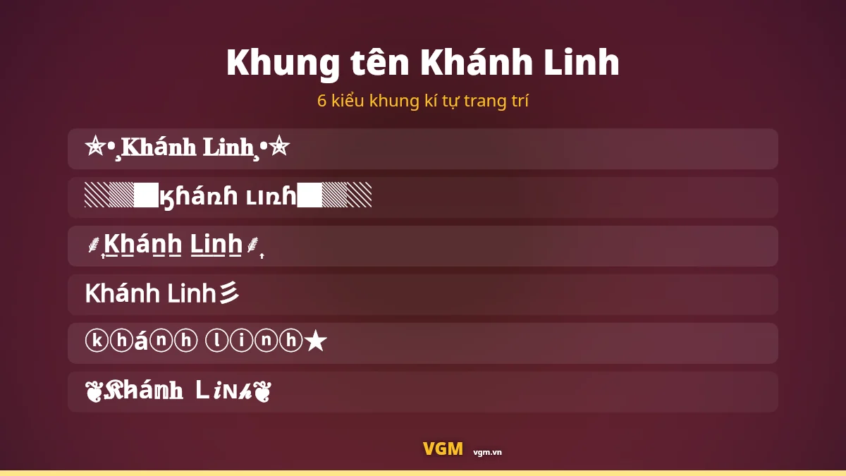 6 khung kí tự trang trí ghép quanh tên Khánh Linh