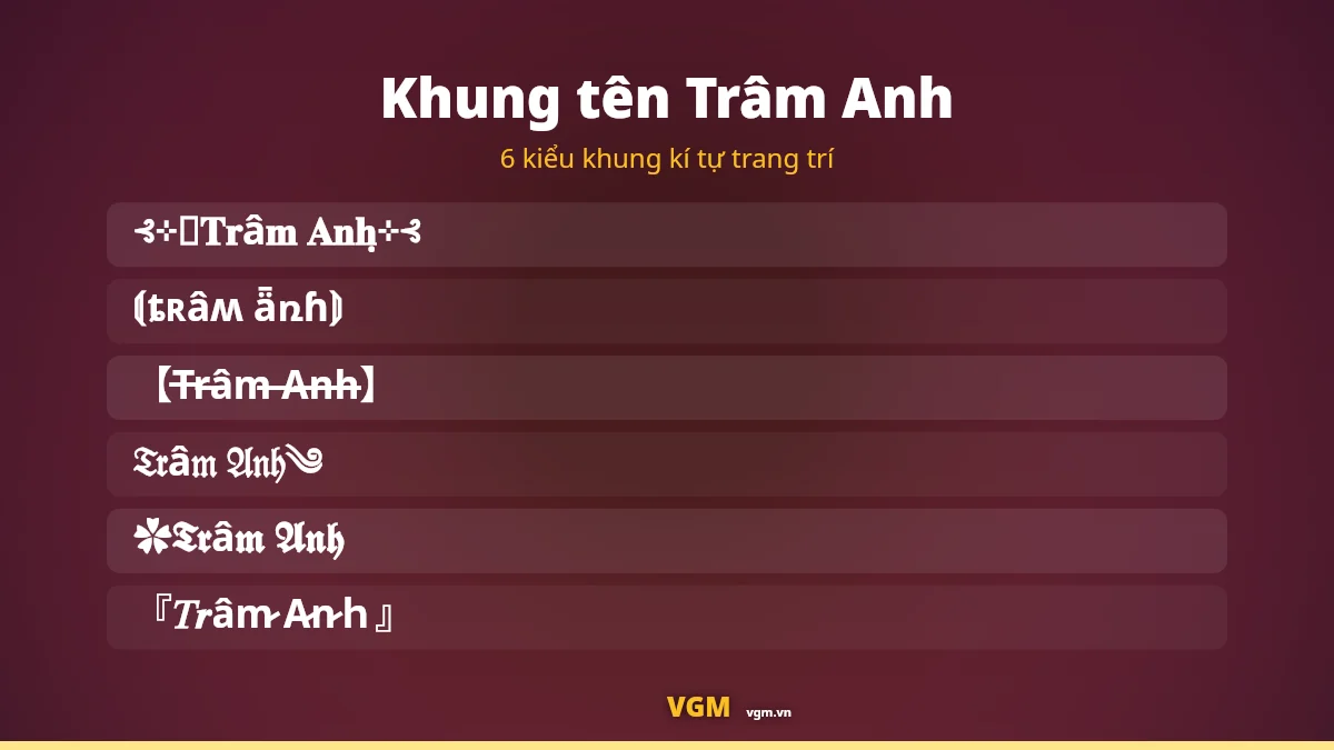 6 khung kí tự trang trí ghép quanh tên Trâm Anh