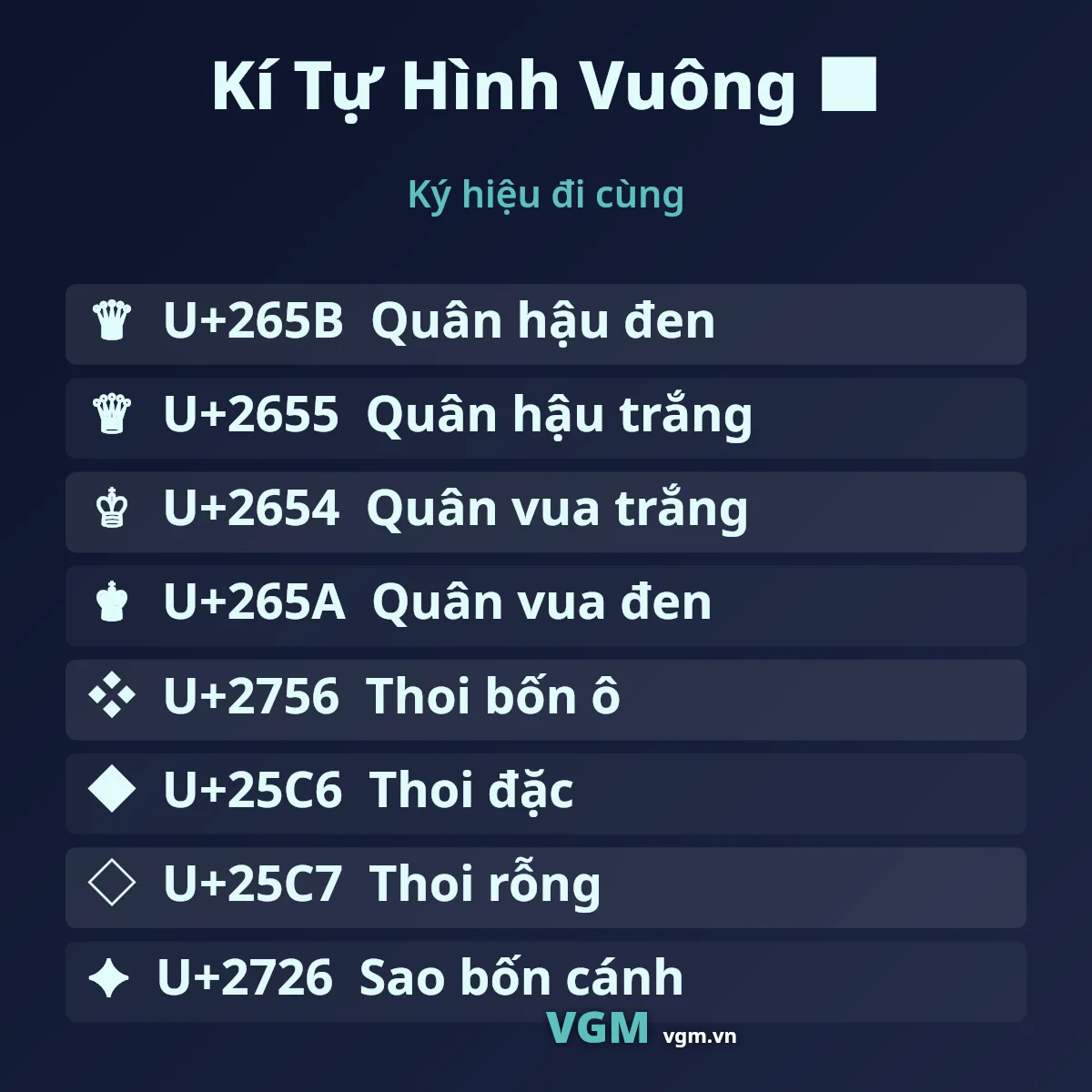Kí Tự Hình Vuông ■ – các ký hiệu đi cùng và mã U+
