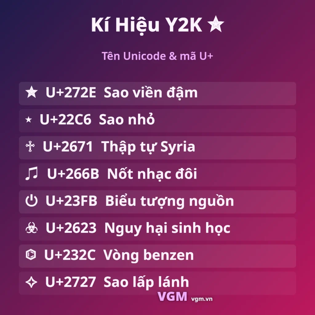 Kí Hiệu Y2K ✮ – Kí Tự Cute Y2K Copy 1 Chạm