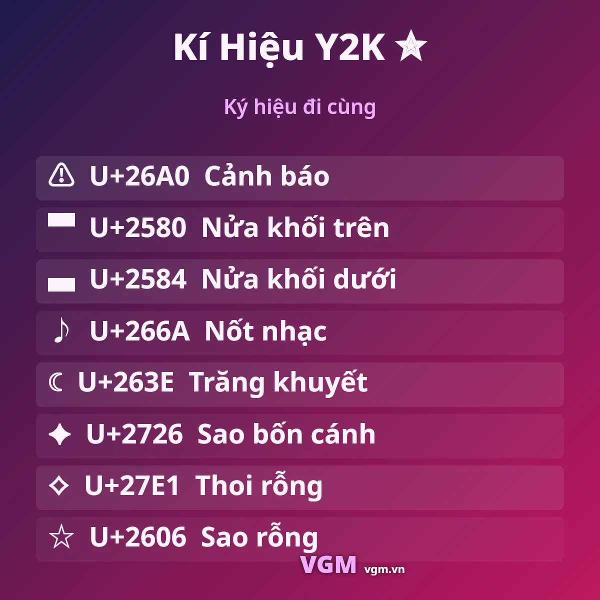 Kí Hiệu Y2K ✮ – các ký hiệu đi cùng và mã U+