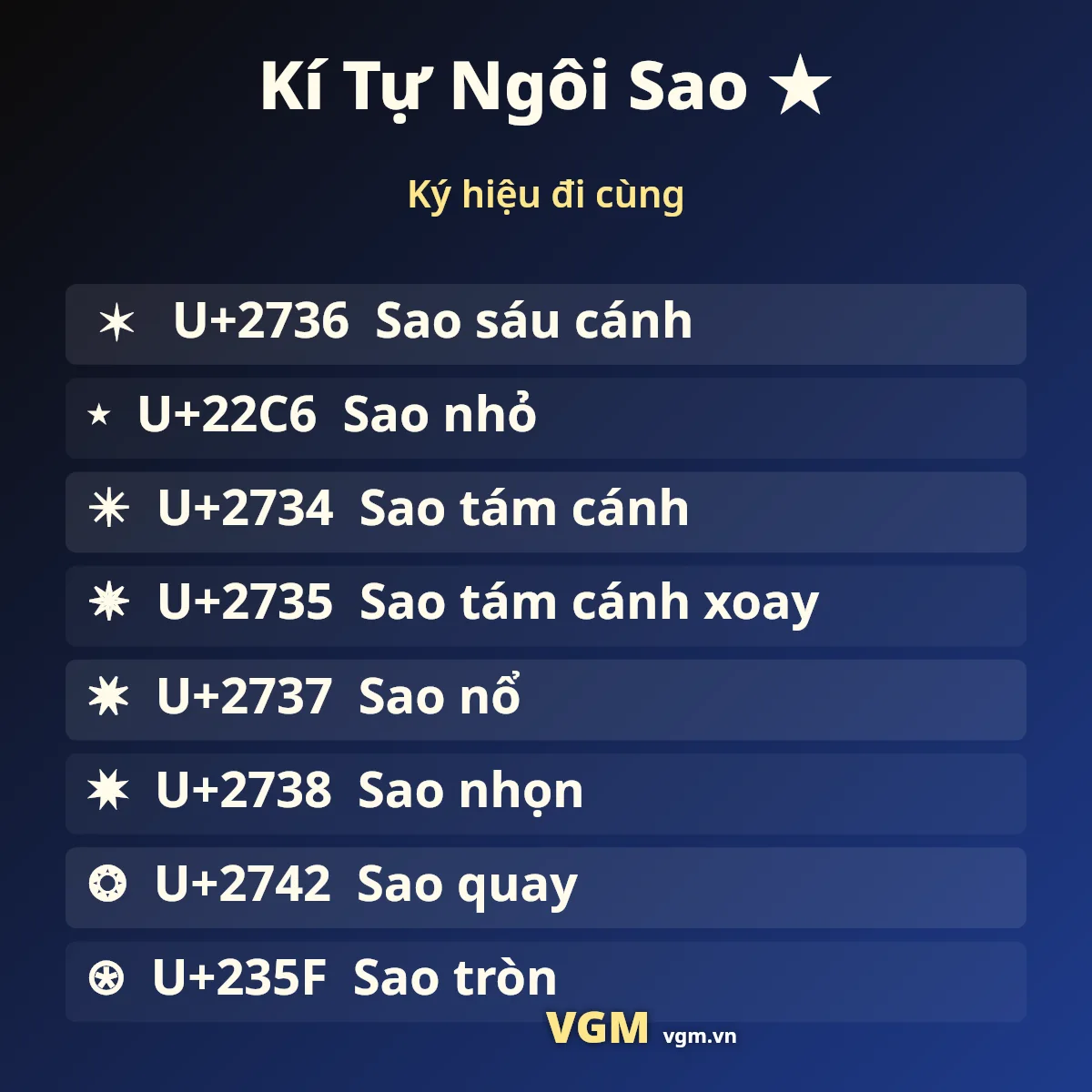 Kí Tự Ngôi Sao ★ – các ký hiệu đi cùng và mã U+